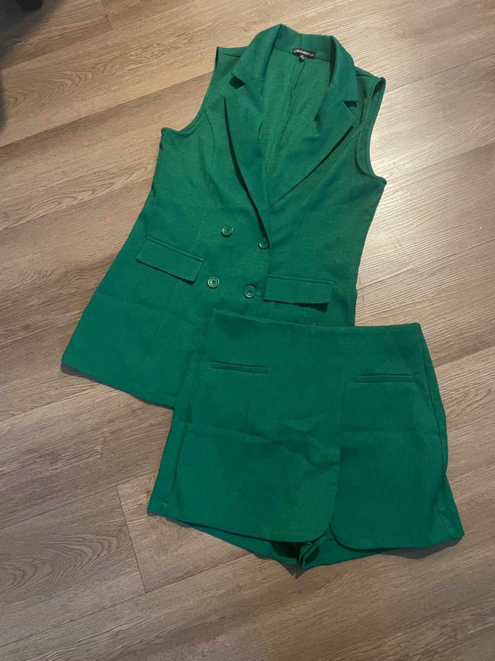 Sleeveless Green Tailored Vest & Shorts Set